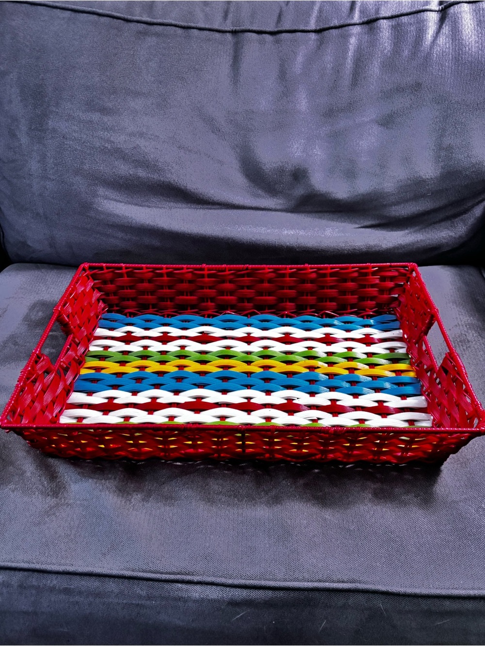Red Woven (polywoven) Serving Tray with Multicolor Stripes